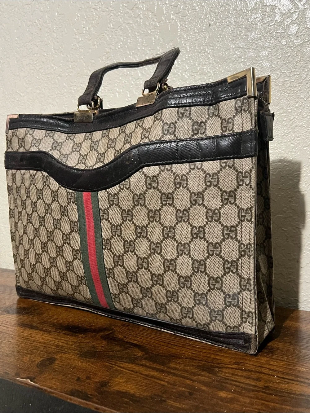 Gucci Beige Monogram Canvas Briefcase with Red & Green Web Stripe